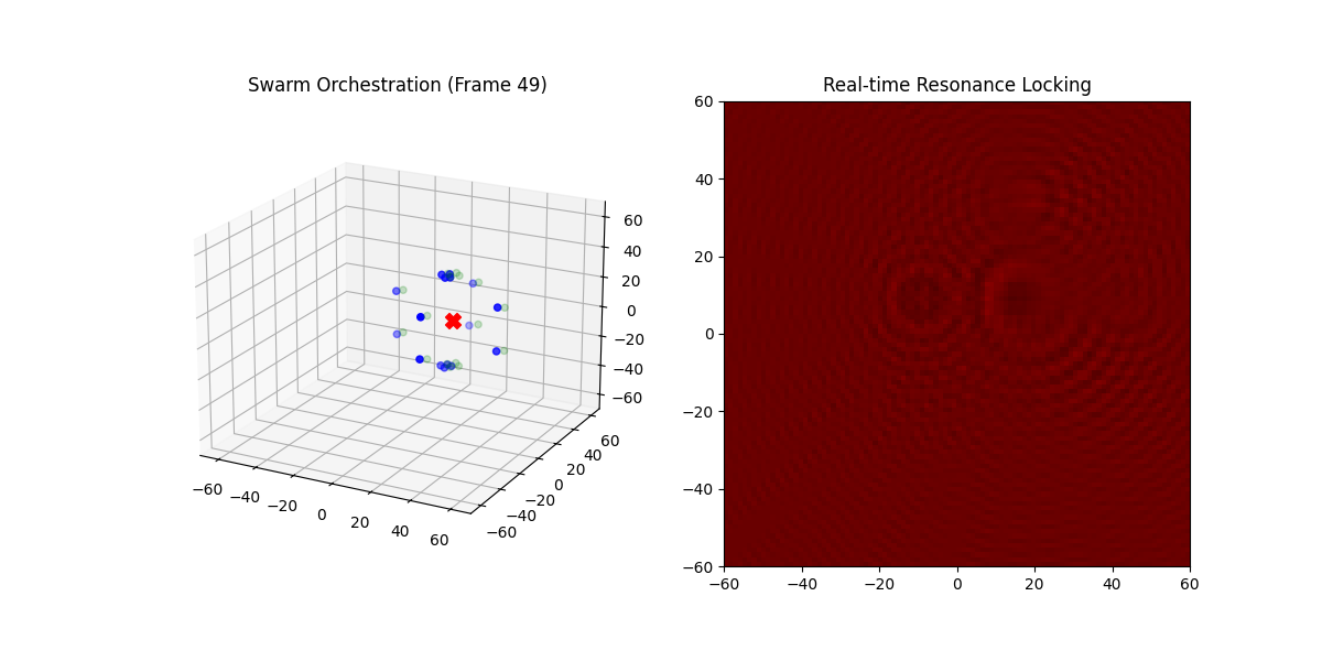 Swarm orchestration 3D frame and real-time resonance locking heatmap